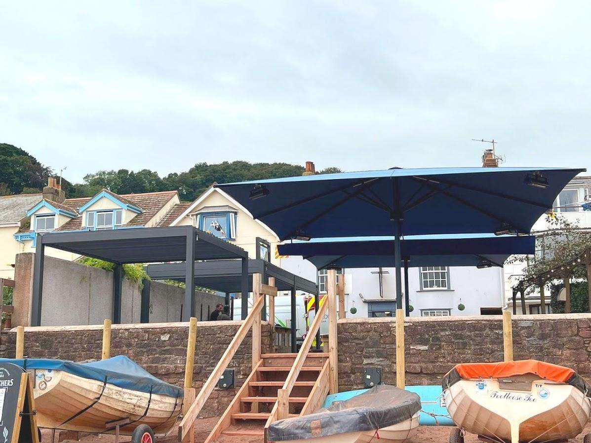 Terrace with blue parasols